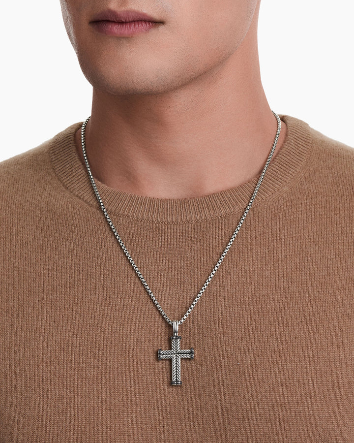 DAVID YURMAN SILVER CHEVRON BLACK DIAMONDS CROSS PENDANT