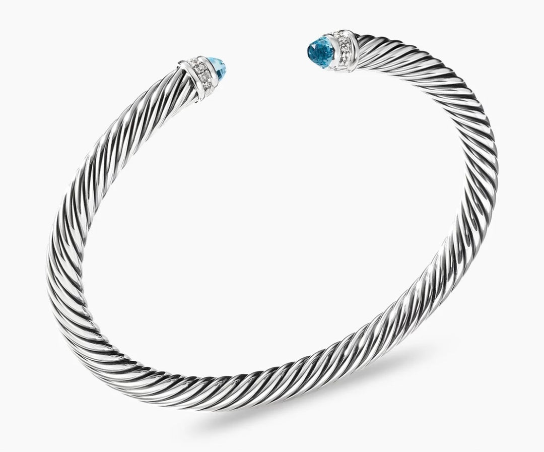 DAVID YURMAN CLASSIC CABLE SILVER BLUE TOPAZ AND DIAMONDS BRACELET