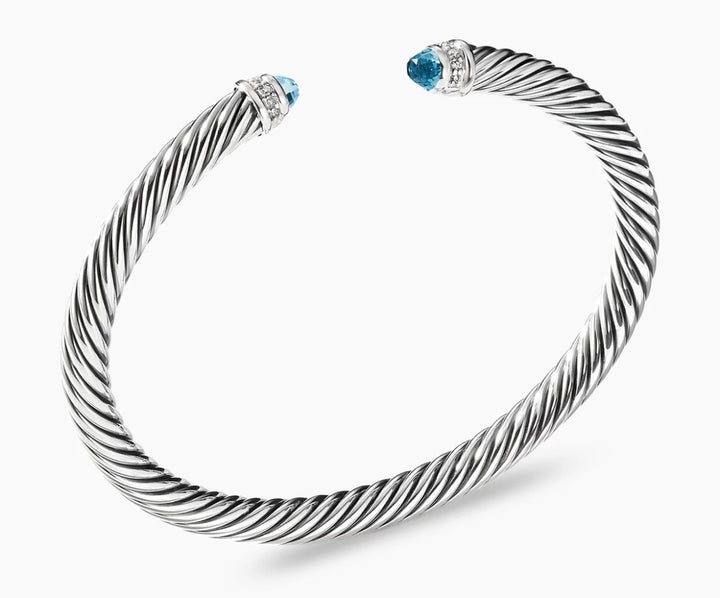 DAVID YURMAN CLASSIC CABLE SILVER BLUE TOPAZ AND DIAMONDS BRACELET