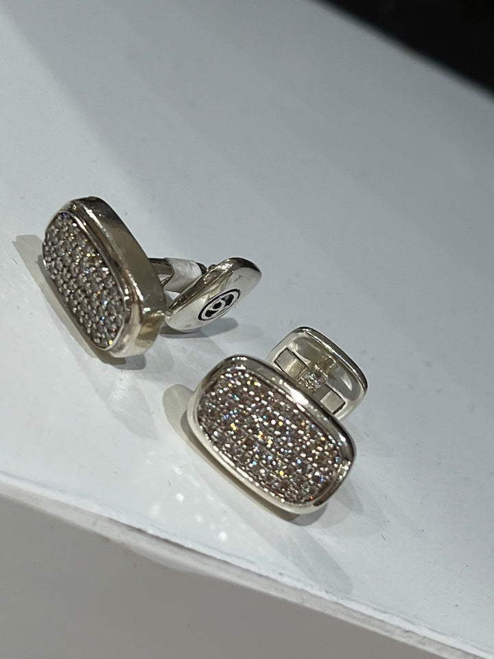 DAVID YURMAN STERLING SILVER PAVE WHITE DIAMONDS CUFFLINKS