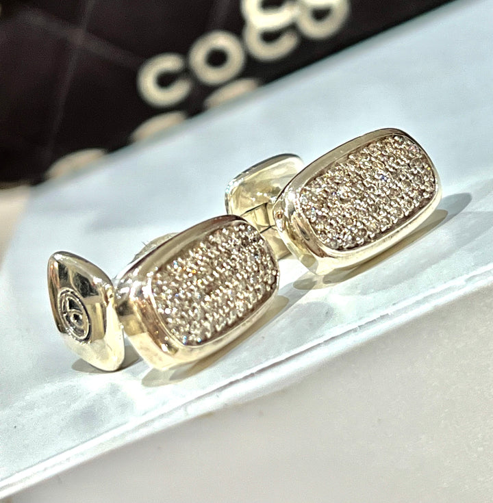 DAVID YURMAN STERLING SILVER PAVE WHITE DIAMONDS CUFFLINKS