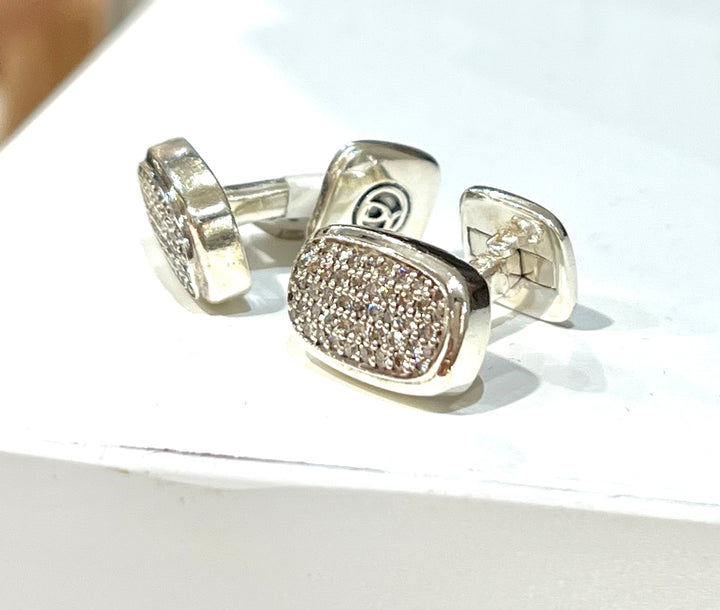 DAVID YURMAN STERLING SILVER PAVE WHITE DIAMONDS CUFFLINKS