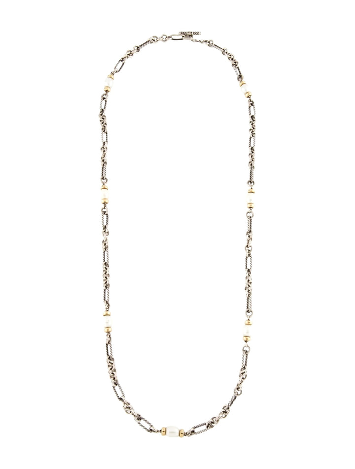 DY STERLING SILVER 18K GOLD PEARL FIGARO CHAIN NECKLACE