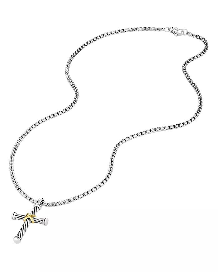 D.Y CABLE CROSS PENDANT STERLING SILVER &amp; 18K GOLD BOX CHAIN NECKLACE
