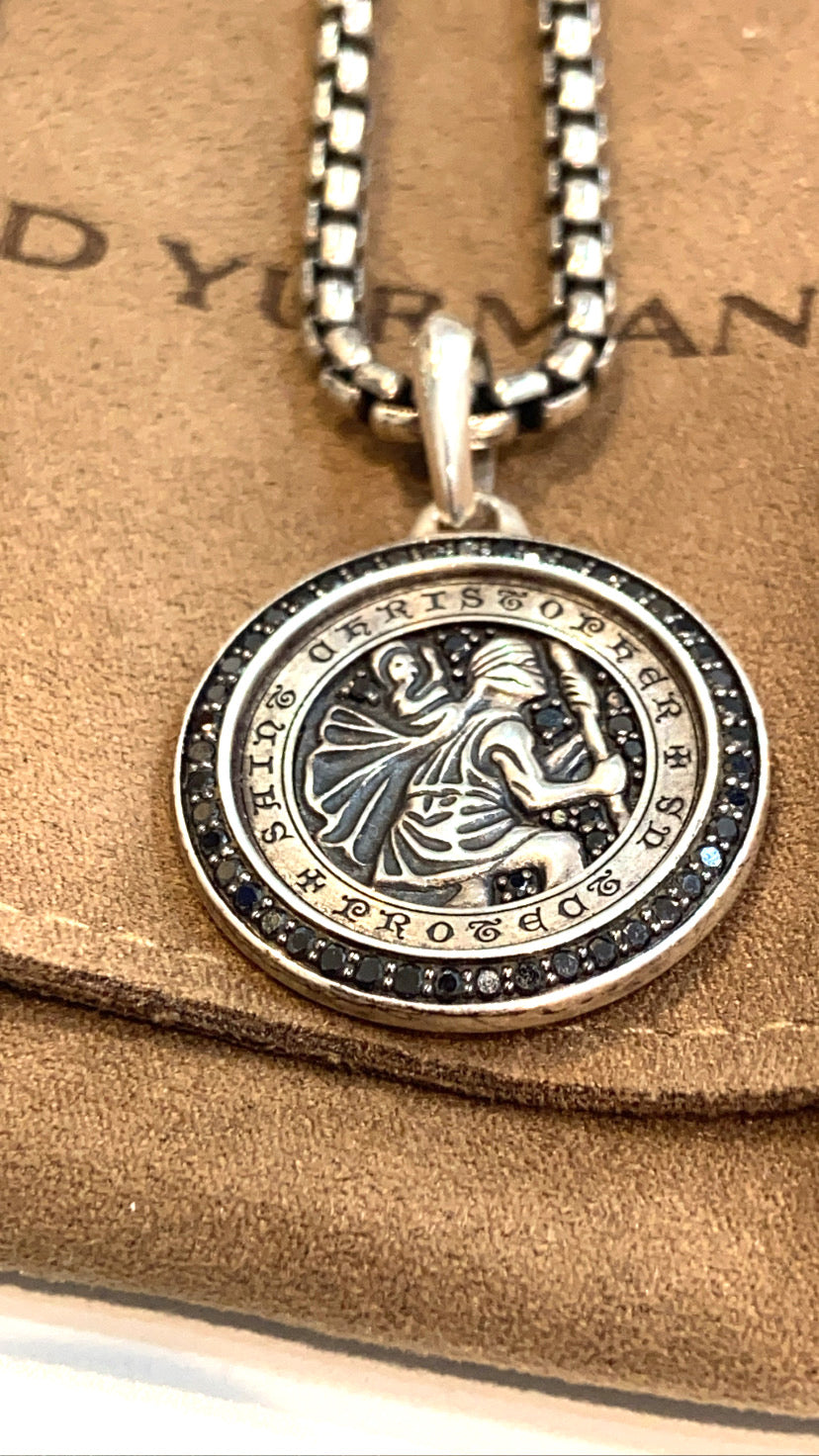 DAVID YURMAN ST, CHRISTOPHER AMULET STERLING SILVER BLACK DIAMONDS PENDANT NECKLACE