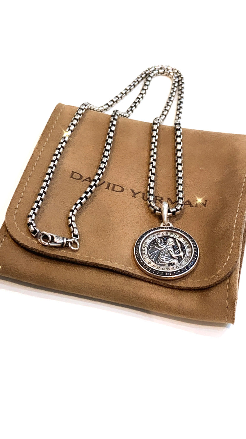DAVID YURMAN ST, CHRISTOPHER AMULET STERLING SILVER BLACK DIAMONDS PENDANT NECKLACE