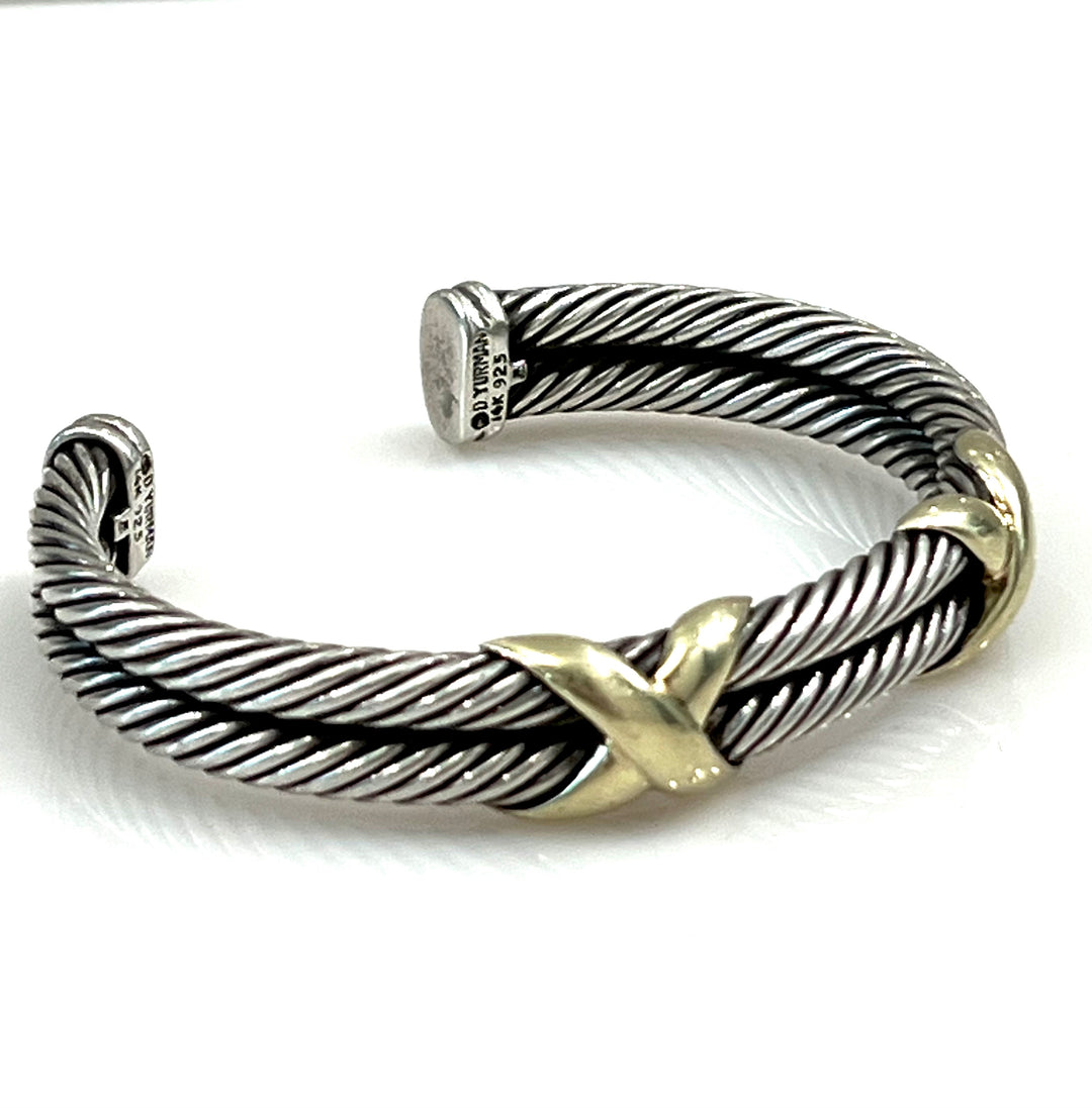 DAVID YURMAN SILVER 14K GOLD DOUBLE X CABLE BRACELET