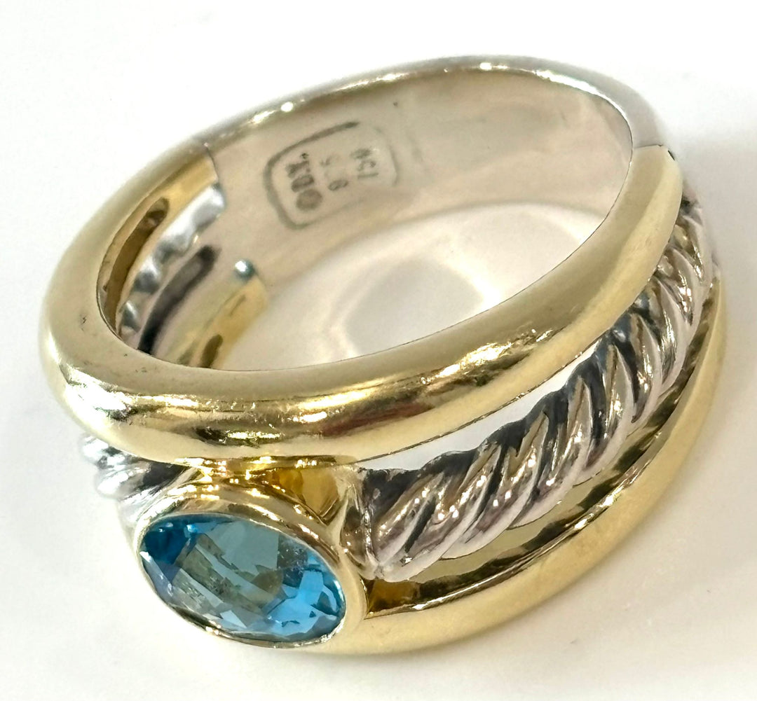 DY STERLING SILVER 18K GOLD OVAL BLUE TOPAZ CLASSIC CABLE RING
