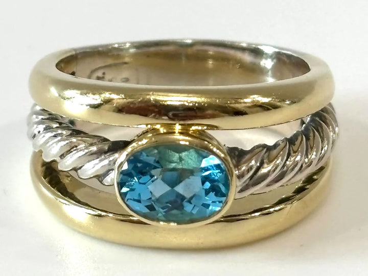 DY STERLING SILVER 18K GOLD OVAL BLUE TOPAZ CLASSIC CABLE RING