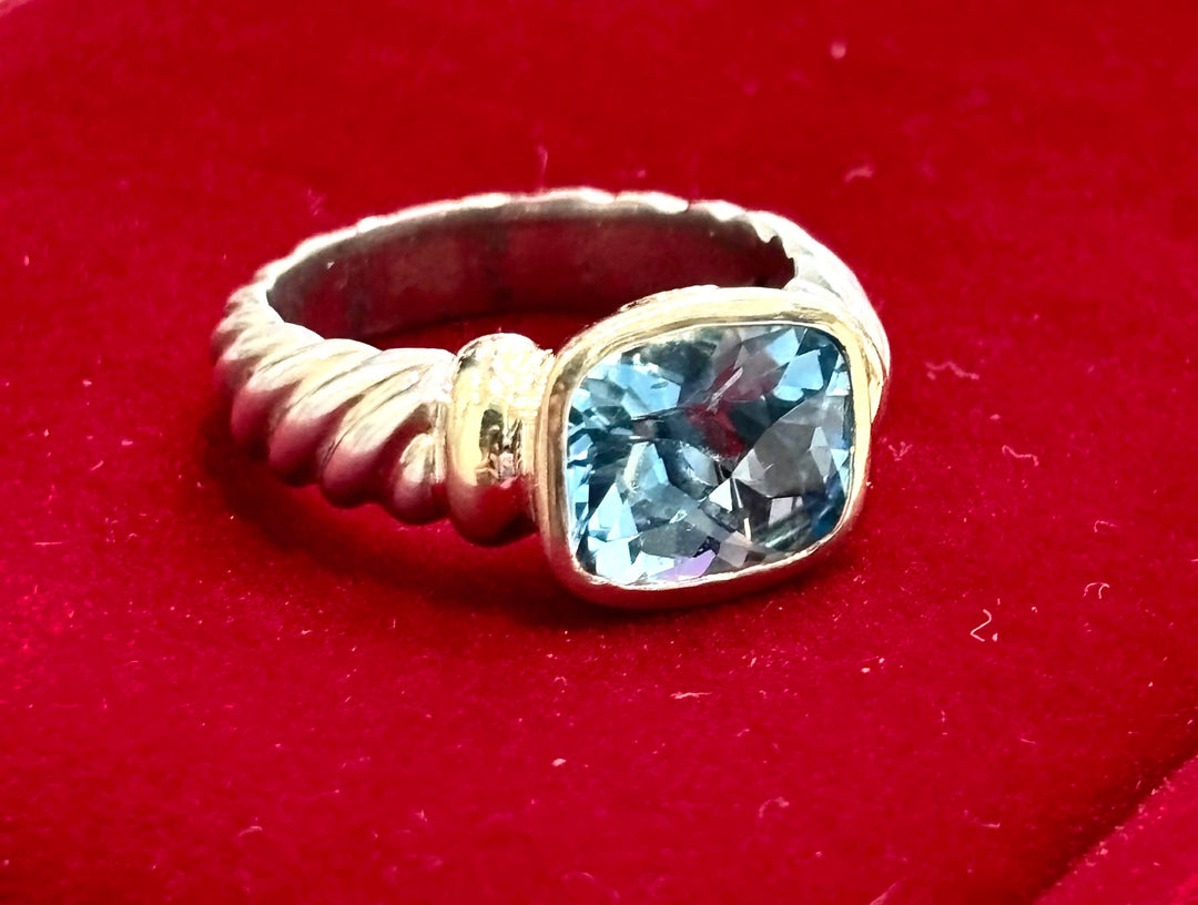 DY BLUE TOPAZ NOBLESSE STERLING SILVER 14K GOLD CABLE RING