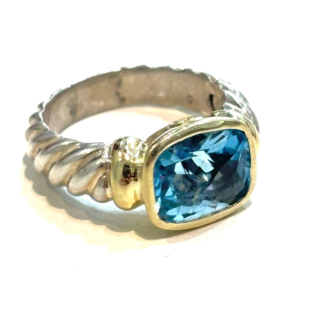 DY BLUE TOPAZ NOBLESSE STERLING SILVER 14K GOLD CABLE RING