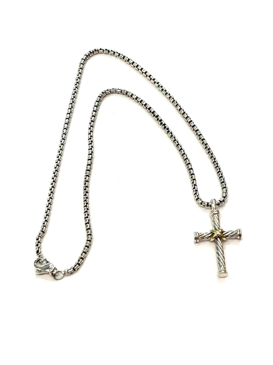 D.Y CABLE CROSS PENDANT STERLING SILVER &amp; 18K GOLD BOX CHAIN NECKLACE