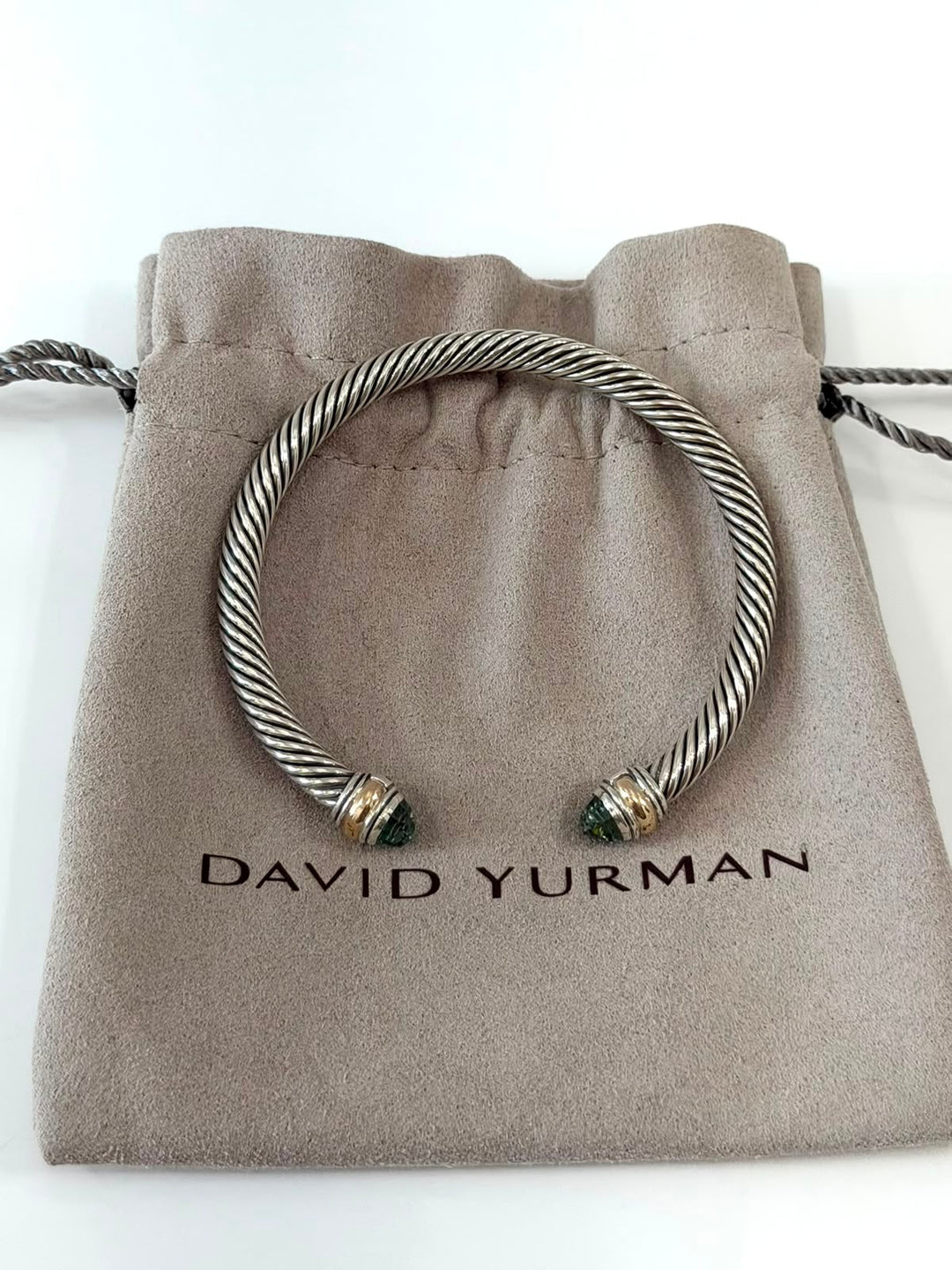 D.Y STERLING SILVER &amp; 14K GOLD PRASIOLITE CLASSIC CABLE BRACELET