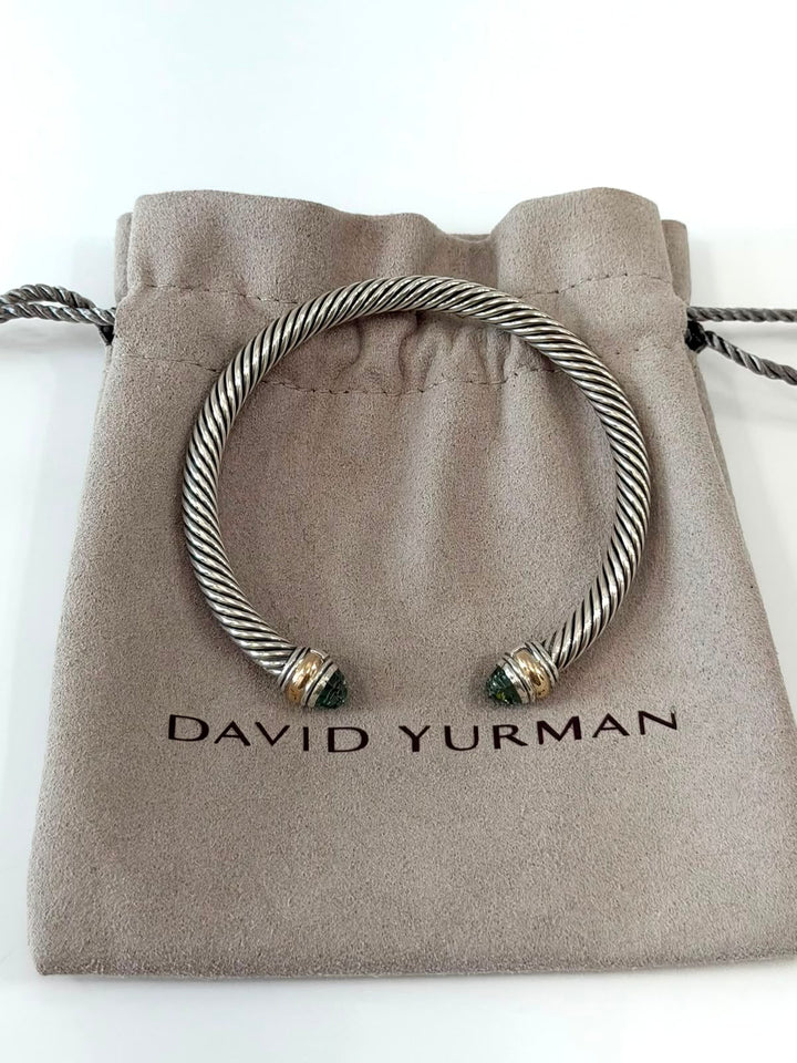D.Y STERLING SILVER &amp; 14K GOLD PRASIOLITE CLASSIC CABLE BRACELET