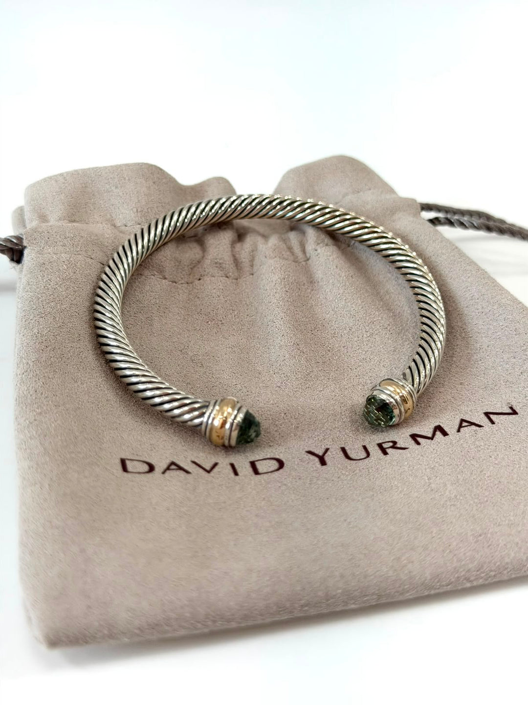 D.Y STERLING SILVER &amp; 14K GOLD PRASIOLITE CLASSIC CABLE BRACELET