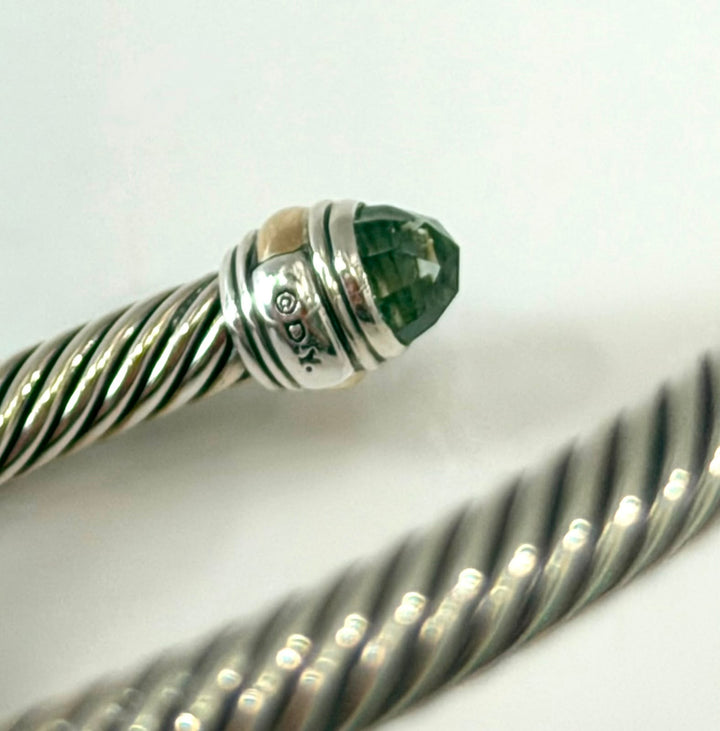 D.Y STERLING SILVER &amp; 14K GOLD PRASIOLITE CLASSIC CABLE BRACELET