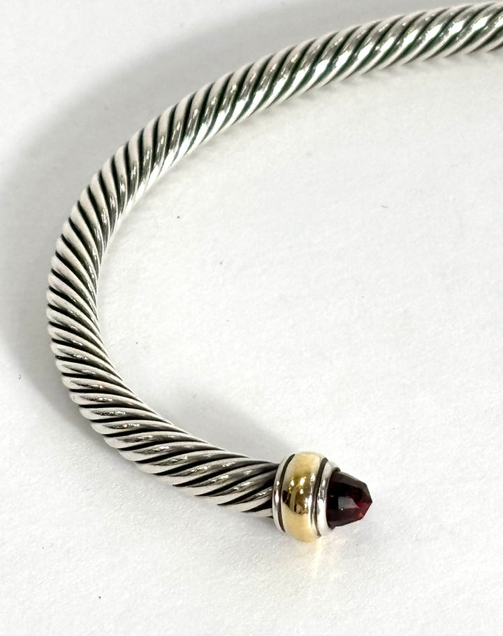 DY CLASSIC CABLE STERLING SILVER 14K GOLD &amp; GARNET BRACELET