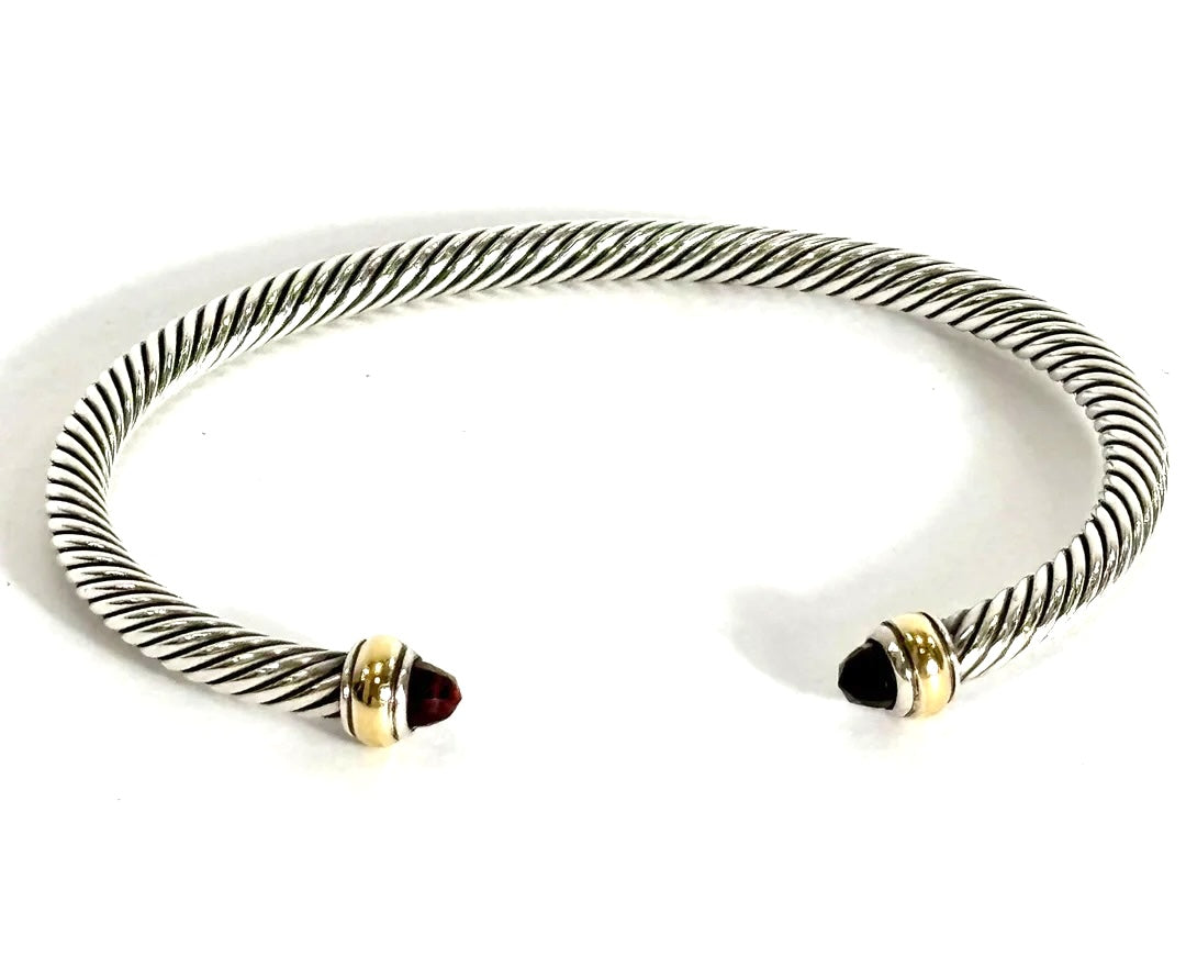 DY CLASSIC CABLE STERLING SILVER 14K GOLD &amp; GARNET BRACELET