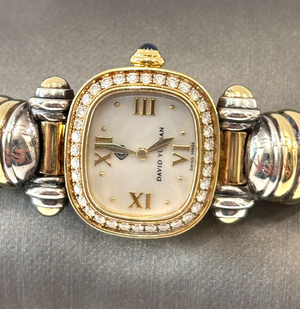 DAVID YURMAN LADIES 18K YELLOW GOLD STERLING SILVER DIAMOND WRIST WATCH