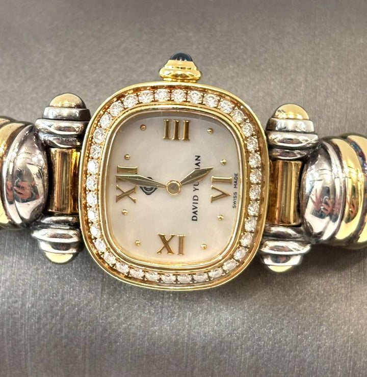 DAVID YURMAN LADIES 18K YELLOW GOLD STERLING SILVER DIAMOND WRIST WATCH