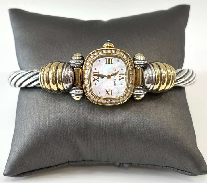 DAVID YURMAN LADIES 18K YELLOW GOLD STERLING SILVER DIAMOND WRIST WATCH