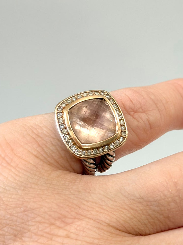 D.Y STERLING SILVER &amp; 18K ROSE GOLD MORGANITE DIAMOND ALBION RING