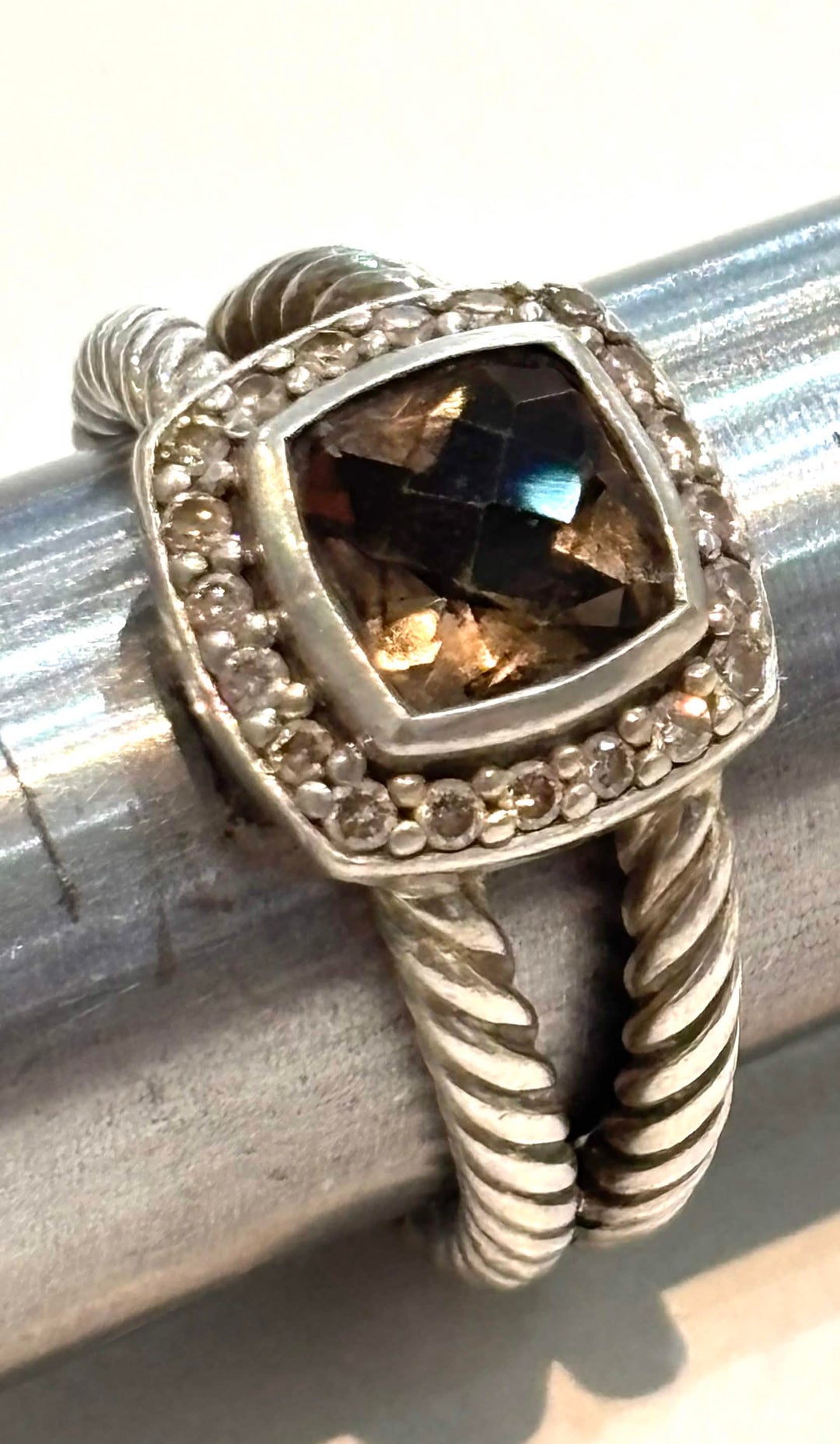 DY STERLING SILVER SMOKY QUARTZ &amp; DIAMONDS PETITE ALBION RING