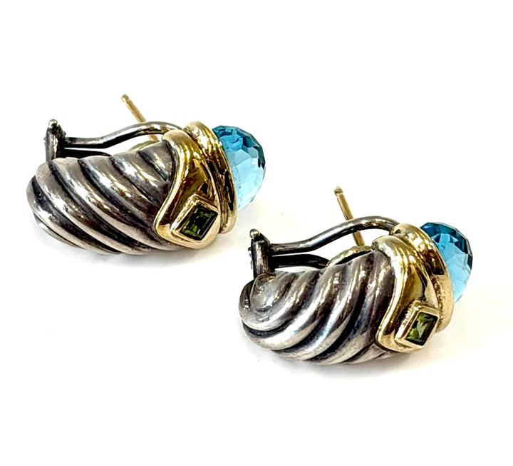 D.Y STERLING SILVER 14K GOLD SWISS BLUE TOPAZ &amp; PERIDOT SHRIMP EARRINGS
