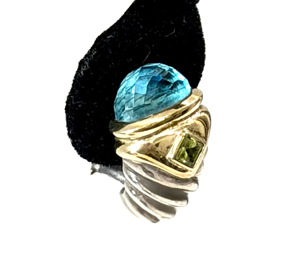 D.Y STERLING SILVER 14K GOLD SWISS BLUE TOPAZ &amp; PERIDOT SHRIMP EARRINGS