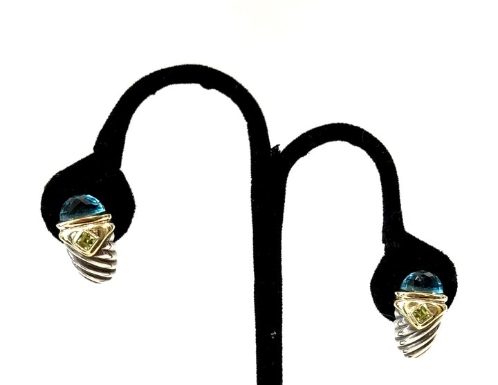 D.Y STERLING SILVER 14K GOLD SWISS BLUE TOPAZ &amp; PERIDOT SHRIMP EARRINGS