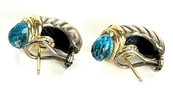 D.Y STERLING SILVER 14K GOLD SWISS BLUE TOPAZ &amp; PERIDOT SHRIMP EARRINGS