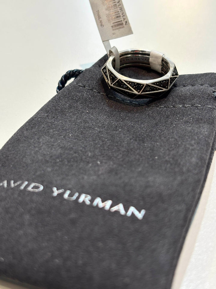 DAVID YURMAN TORQUED FACETED BAND RING IN STERLING SILVER WITH PAVE BLACK DIAMONDS