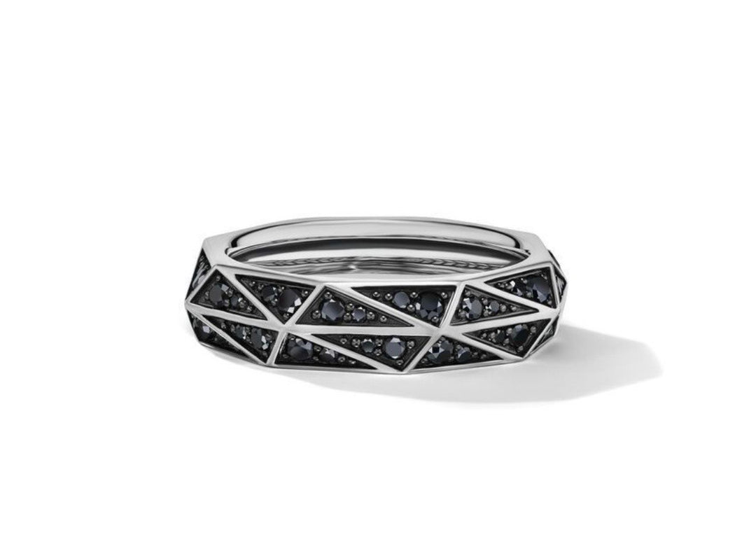 DAVID YURMAN TORQUED FACETED BAND RING IN STERLING SILVER WITH PAVE BLACK DIAMONDS
