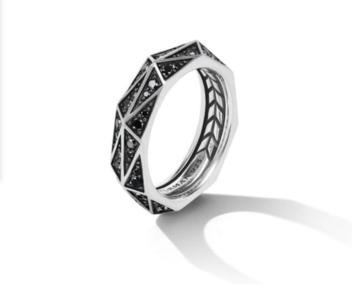 DAVID YURMAN TORQUED FACETED BAND RING IN STERLING SILVER WITH PAVE BLACK DIAMONDS