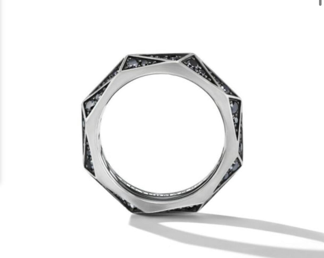 DAVID YURMAN TORQUED FACETED BAND RING IN STERLING SILVER WITH PAVE BLACK DIAMONDS