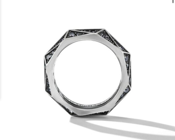 DAVID YURMAN TORQUED FACETED BAND RING IN STERLING SILVER WITH PAVE BLACK DIAMONDS