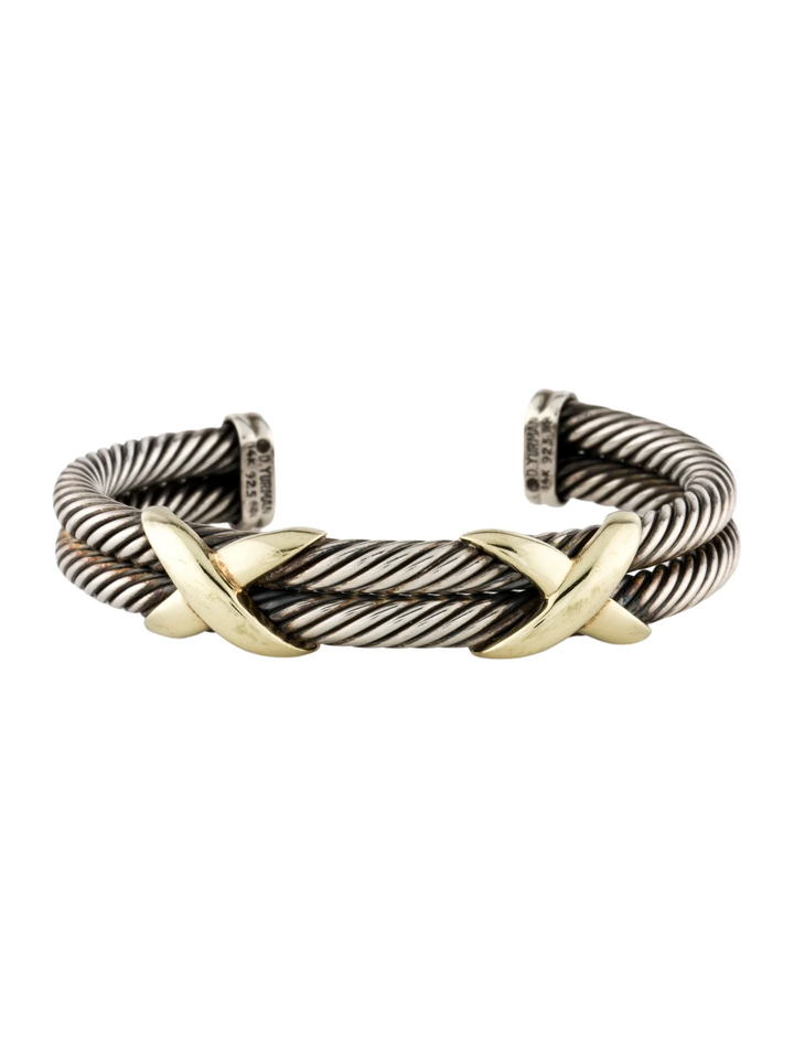 DY STERLING SILVER 14K GOLD DOUBLE X STATION CUFF BRACELET