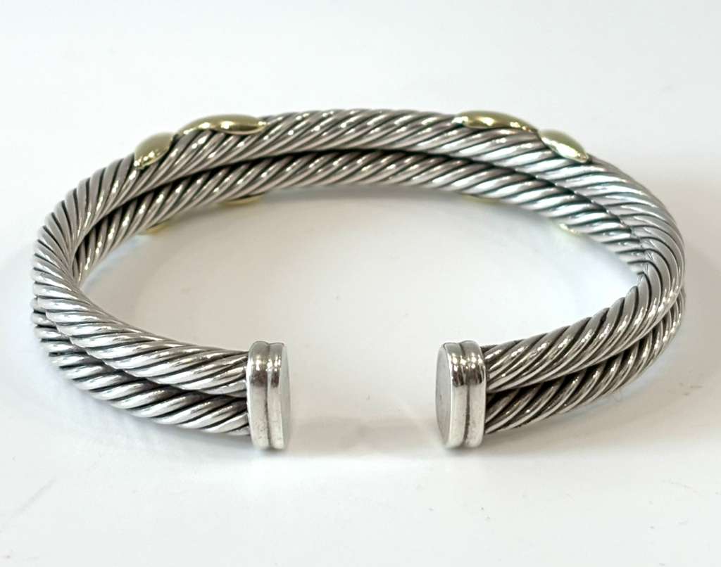 DY STERLING SILVER 14K GOLD DOUBLE X STATION CUFF BRACELET