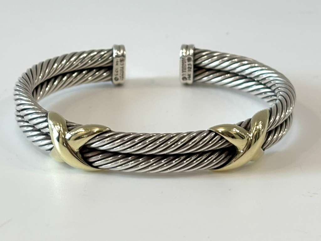 DY STERLING SILVER 14K GOLD DOUBLE X STATION CUFF BRACELET