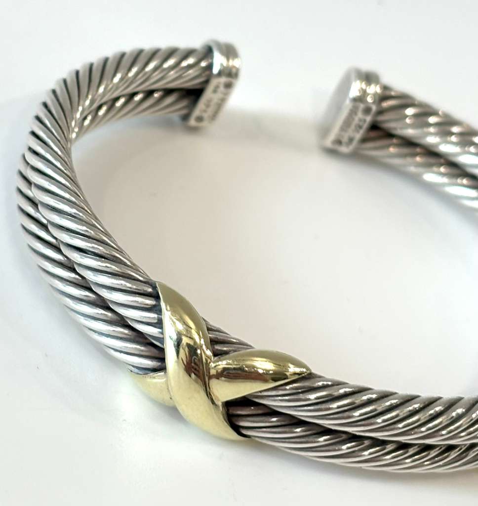 DY STERLING SILVER 14K GOLD DOUBLE X STATION CUFF BRACELET