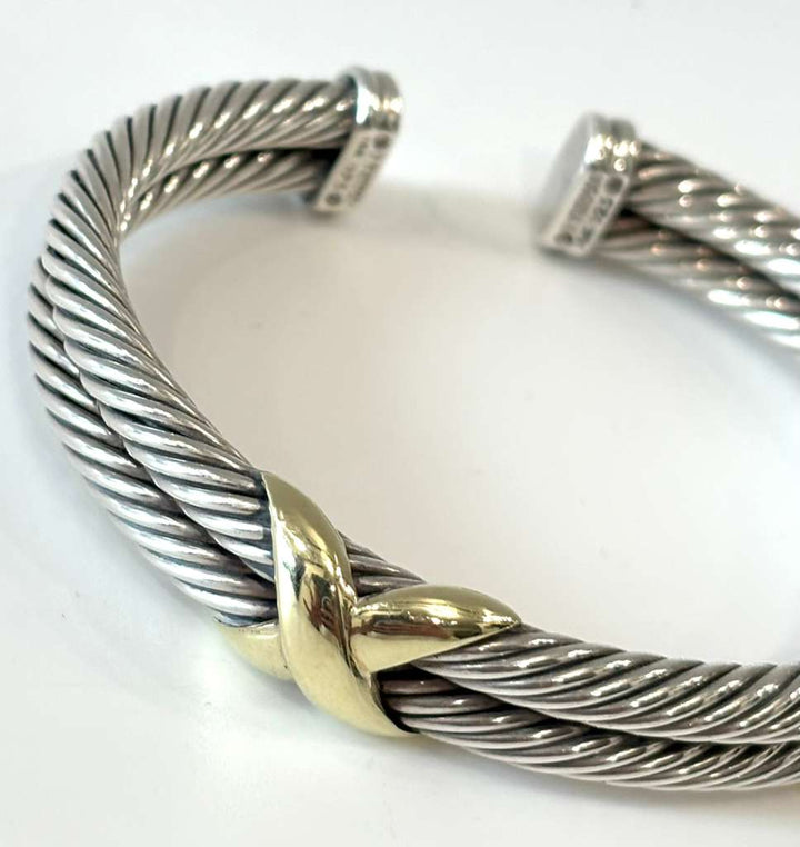 DY STERLING SILVER 14K GOLD DOUBLE X STATION CUFF BRACELET