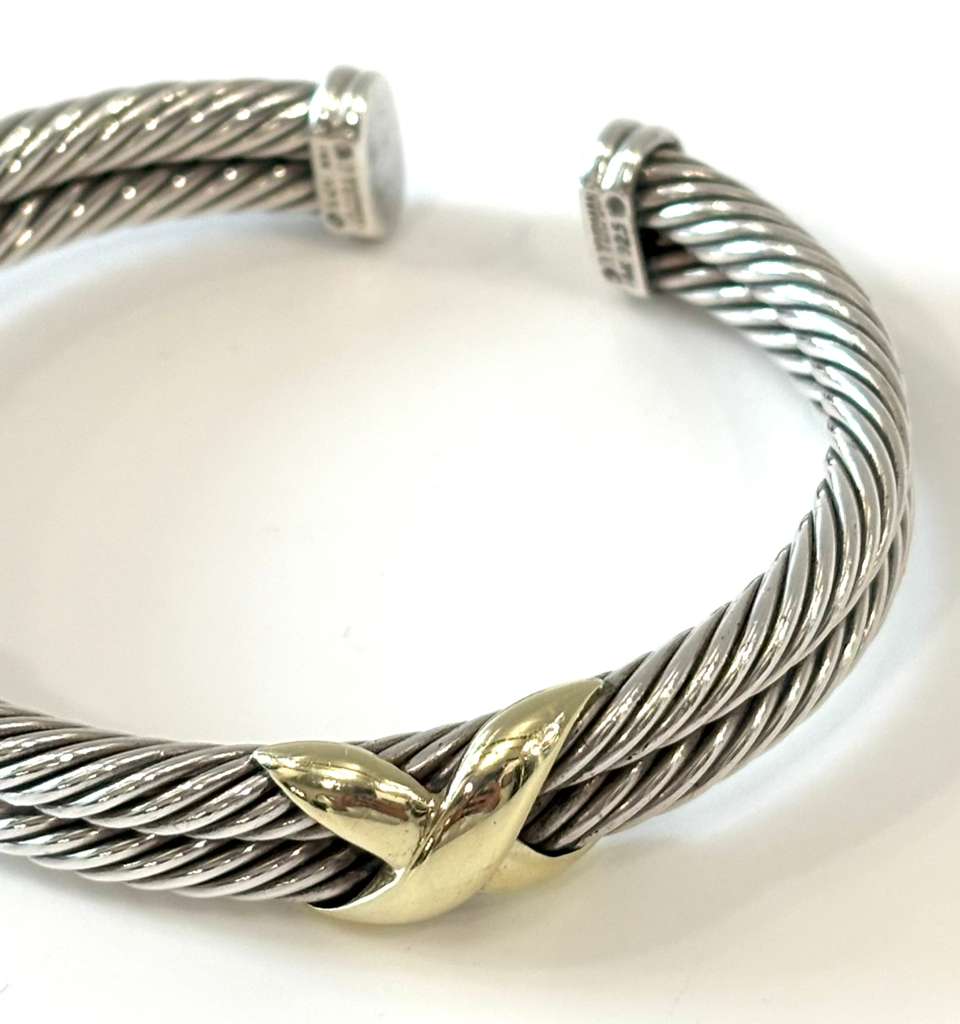 DY STERLING SILVER 14K GOLD DOUBLE X STATION CUFF BRACELET