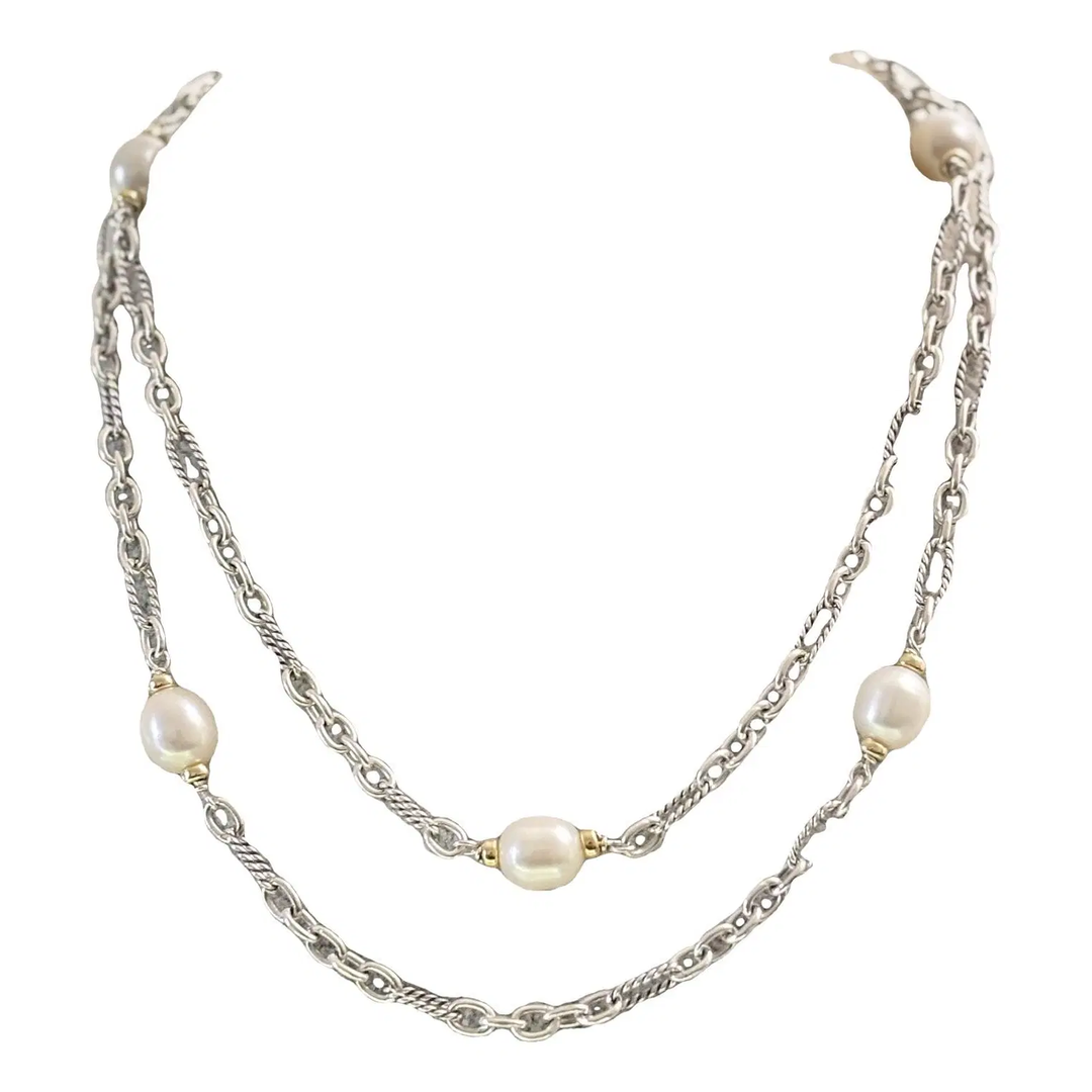 D.Y STERLING SILVER &amp; 18K GOLD FIGARO BAROQUE PEARL STATION LINK NECKLACE