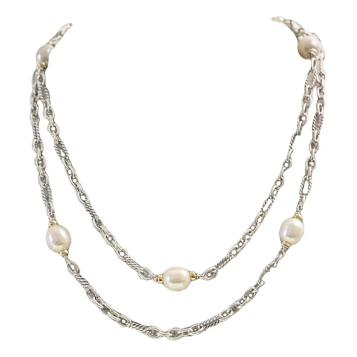 D.Y STERLING SILVER &amp; 18K GOLD FIGARO BAROQUE PEARL STATION LINK NECKLACE