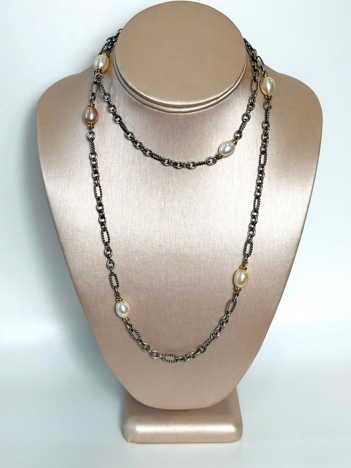 D.Y STERLING SILVER &amp; 18K GOLD FIGARO BAROQUE PEARL STATION LINK NECKLACE