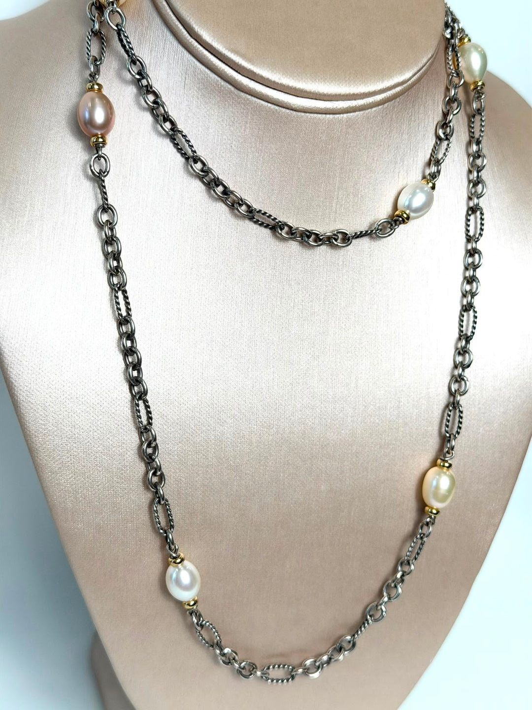 D.Y STERLING SILVER &amp; 18K GOLD FIGARO BAROQUE PEARL STATION LINK NECKLACE
