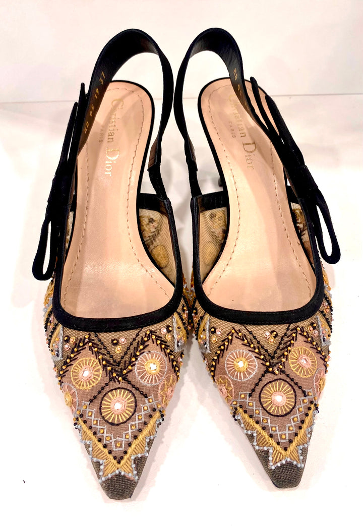 DIOR EMBROIDERED CALFSKIN BEADED SWEET D-SLINGBACK PUMPS