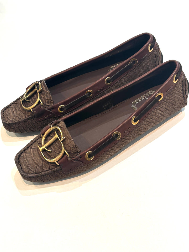 DIOR SNAKE EMBOSSED LEATHER CD STITCHED BOAT LOAFERS