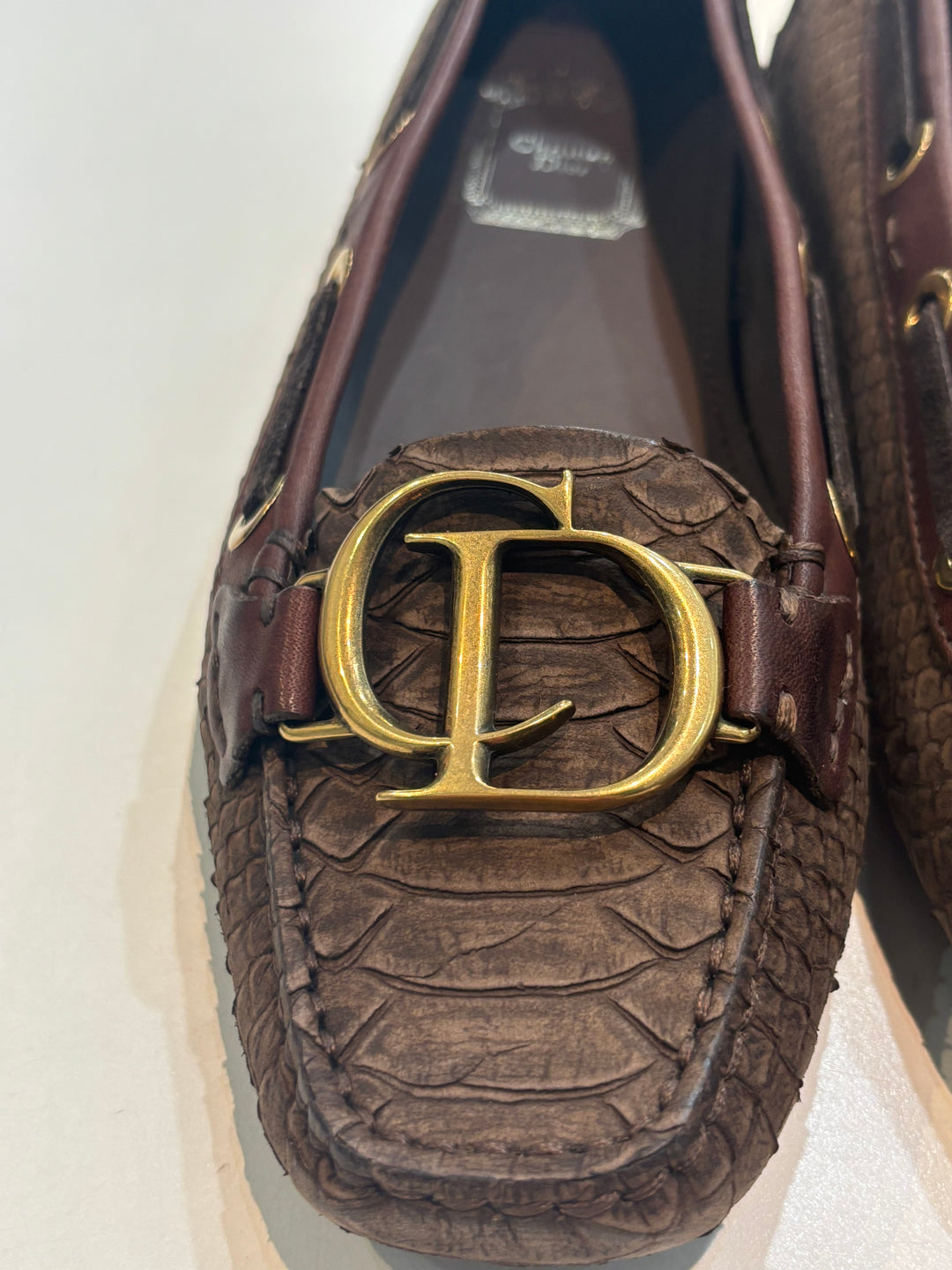 DIOR SNAKE EMBOSSED LEATHER CD STITCHED BOAT LOAFERS