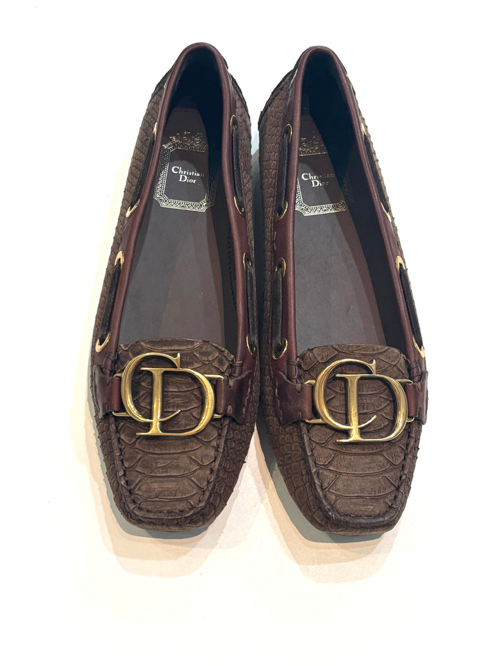 DIOR SNAKE EMBOSSED LEATHER CD STITCHED BOAT LOAFERS